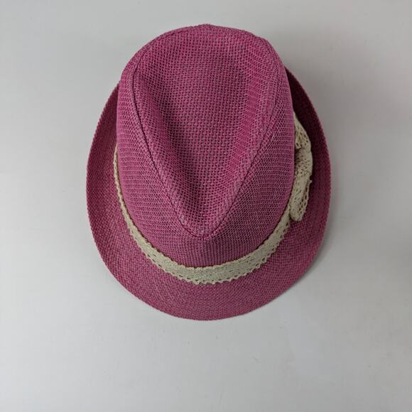 Womens Pink Straw Fedora Hat Hatter Company Ivory Lace Bow One Size Cap Trilby - Picture 5 of 8